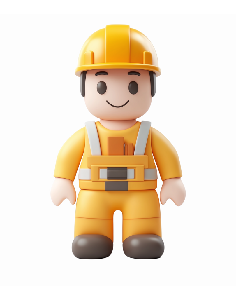 Cartoon Construction Worker Character in Bright Orange Uniform with Hard Hat for Construction Safety png