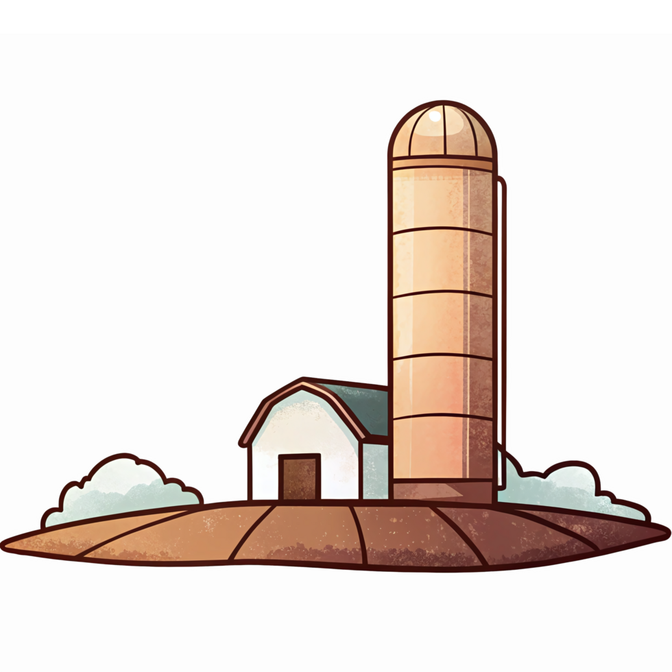 Charming Farm Scene with Barn and Grain Silo Surrounded by Green Fields and Clouds png