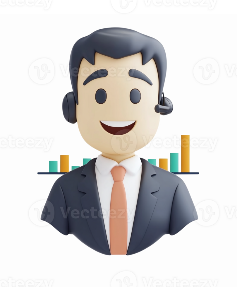 Friendly Male Customer Support Agent with Headset and Bar Graphs Showing Data Analysis png