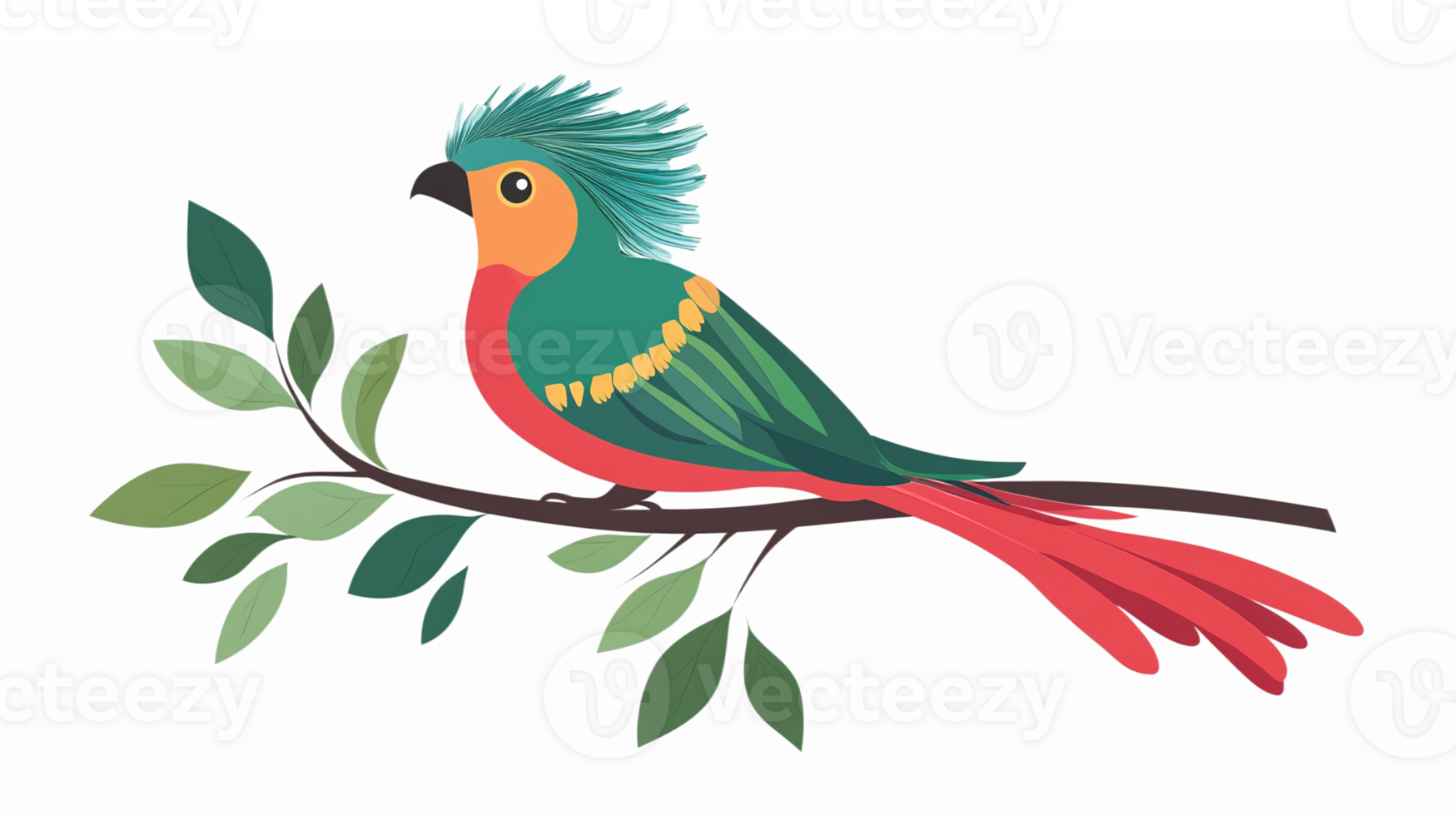 Colorful Tropical Bird Perched on Tree Branch with Vibrant Feathers and Green Leaves png