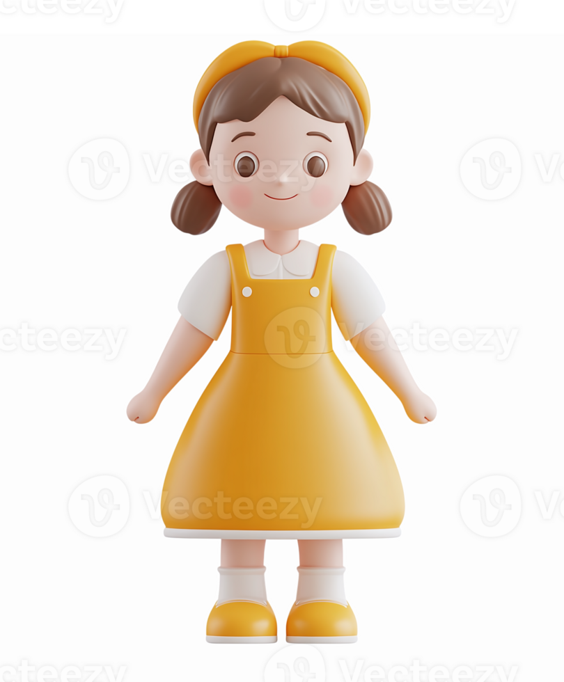 Cute 3D Character Girl in Yellow Dress with Pigtails for Kids Illustrations and Design png