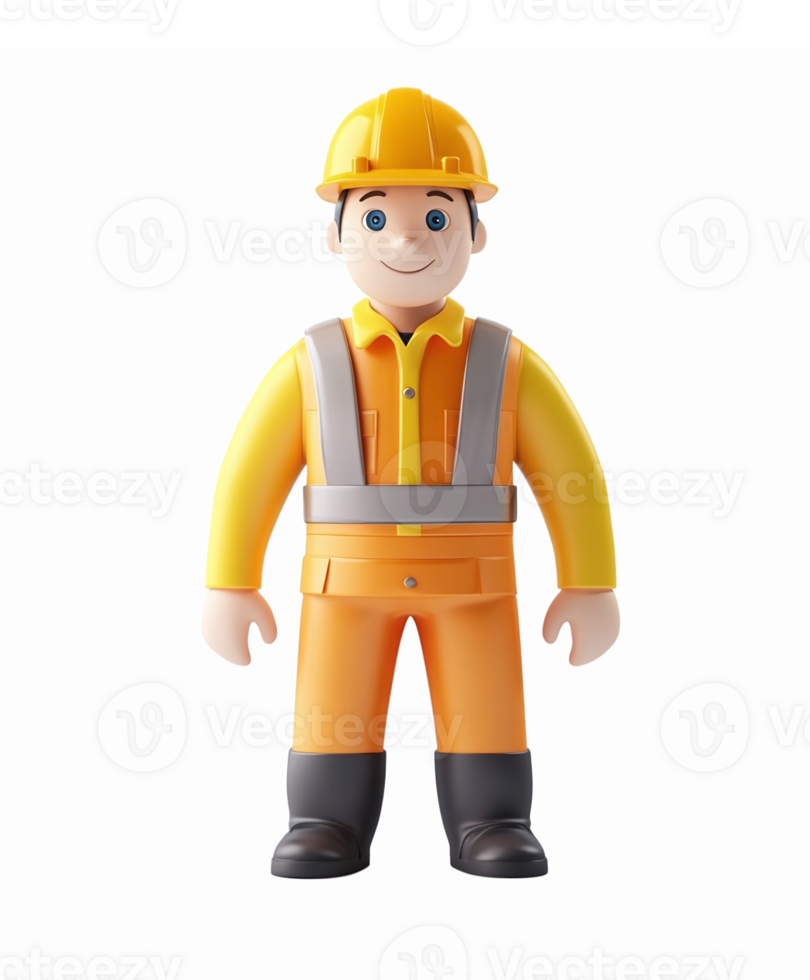 3D Cartoon Construction Worker Character in Safety Gear with Transparent Background png