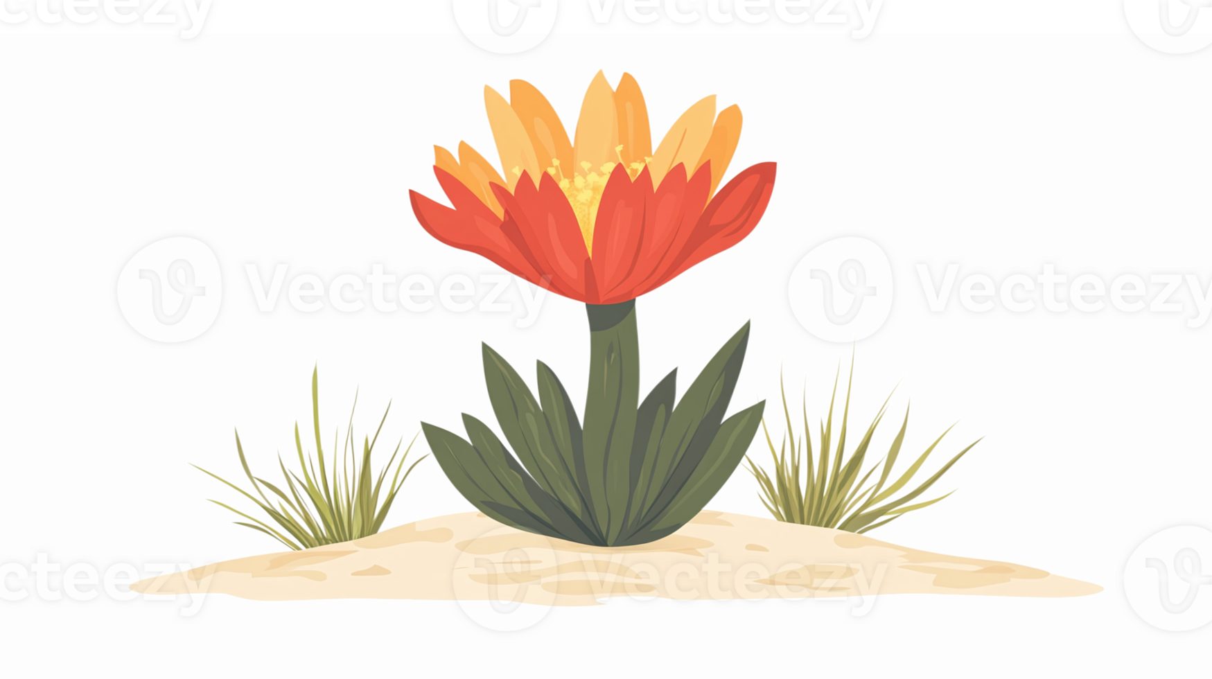 Vibrant Red Orange Flower with Green Leaves on Sandy Ground Isolated on Transparent Background png