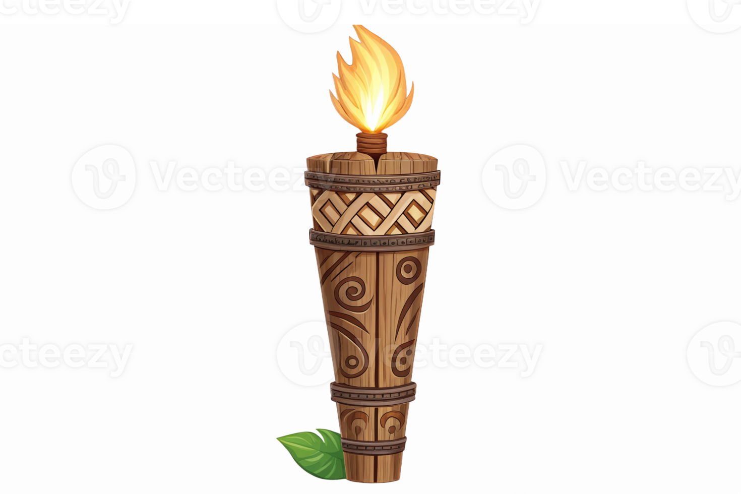Wooden Torch with Flame and Leaves Decorative Art for Festivals and Celebrations png