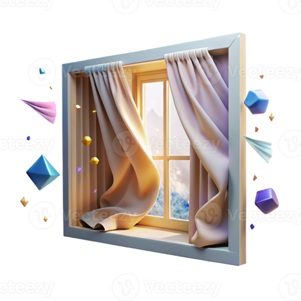 extraordinary creative Open Window with Curtains Billowing in Wind Element with Transparent Background detailed png