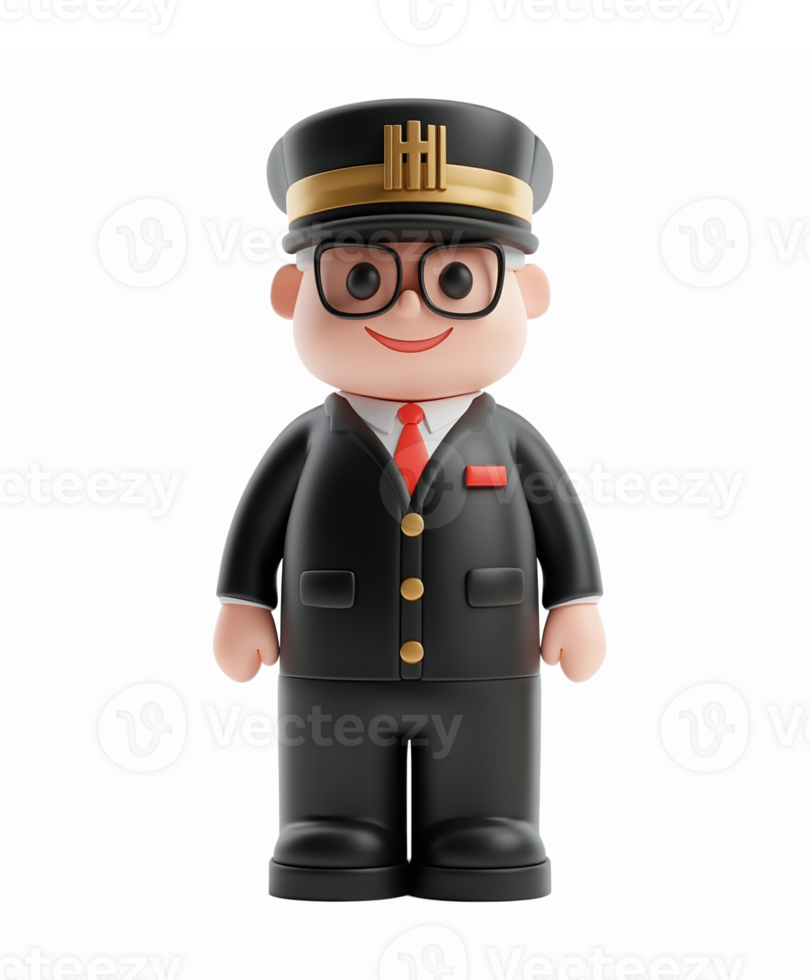 Playful Toy Train Conductor Figure in Classic Uniform with Hat and Glasses on Transparent Background png