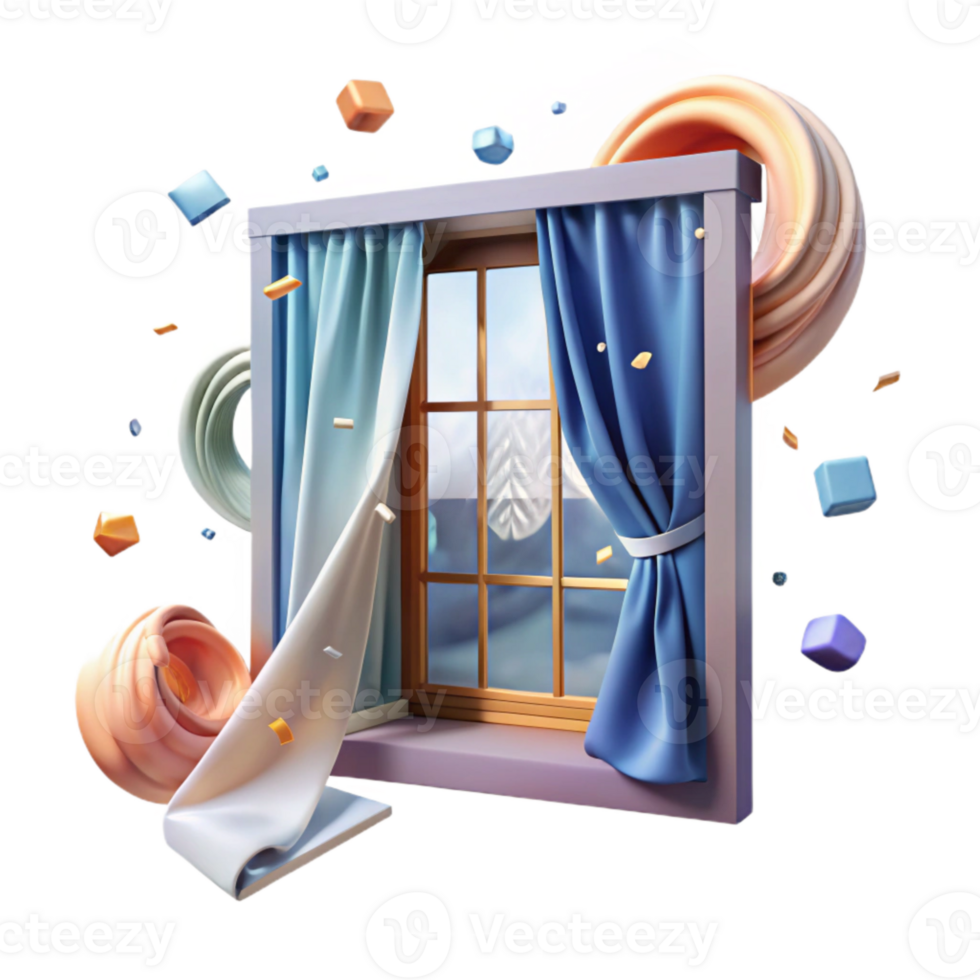 elegant traditional Open Window with Curtains Billowing in Wind Element with Transparent Background png