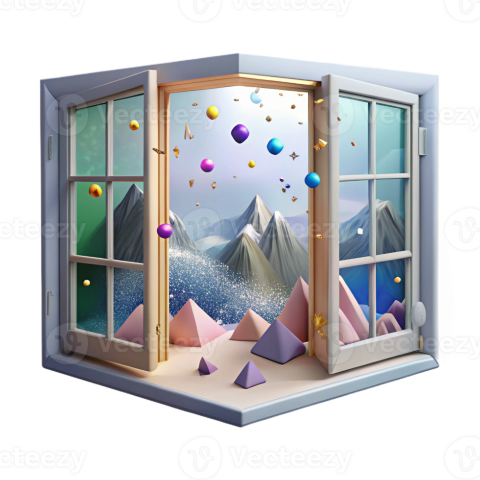vibrant traditional Open Window with View of Mountains Cutout Transparent Background exclusive png