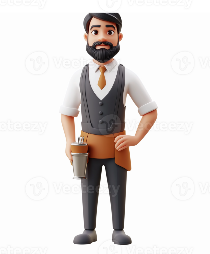 Friendly Male Barista in Elegant Attire Holding Coffee Cup Character Illustration png