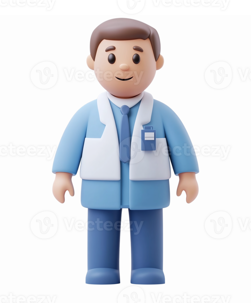 Friendly Male Doctor Character in Blue Scrubs and White Lab Coat with ID Badge on Transparent Background png