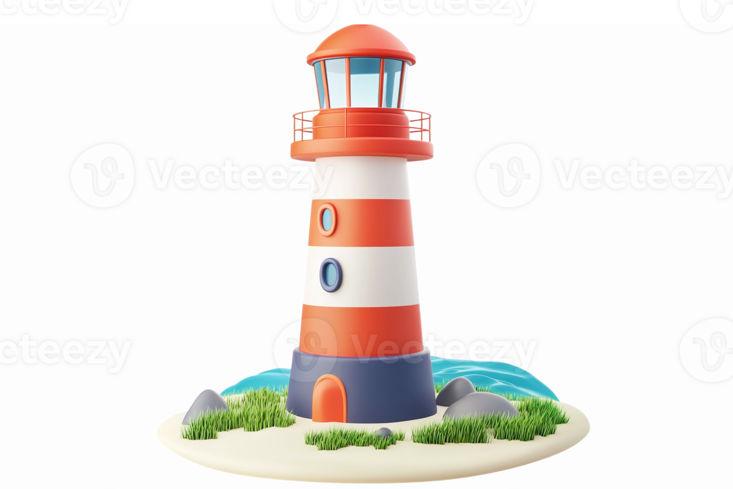Colorful 3D Lighthouse on Sandy Beach with Ocean Waves and Green Grass png