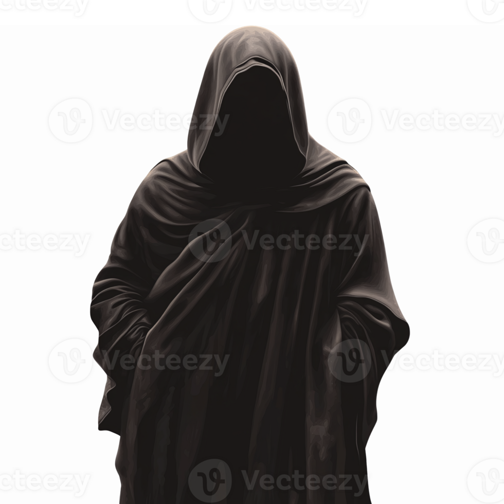 Mysterious Hooded Figure in Dark Cloak Silhouette on Transparent Background png