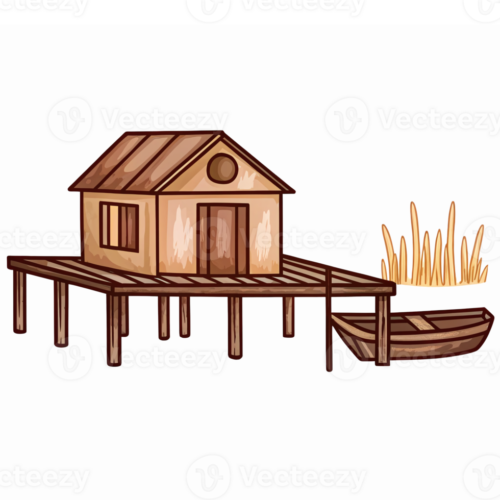 Wooden House on Dock with Boat and Grass by Water in a Scenic Nature Setting png