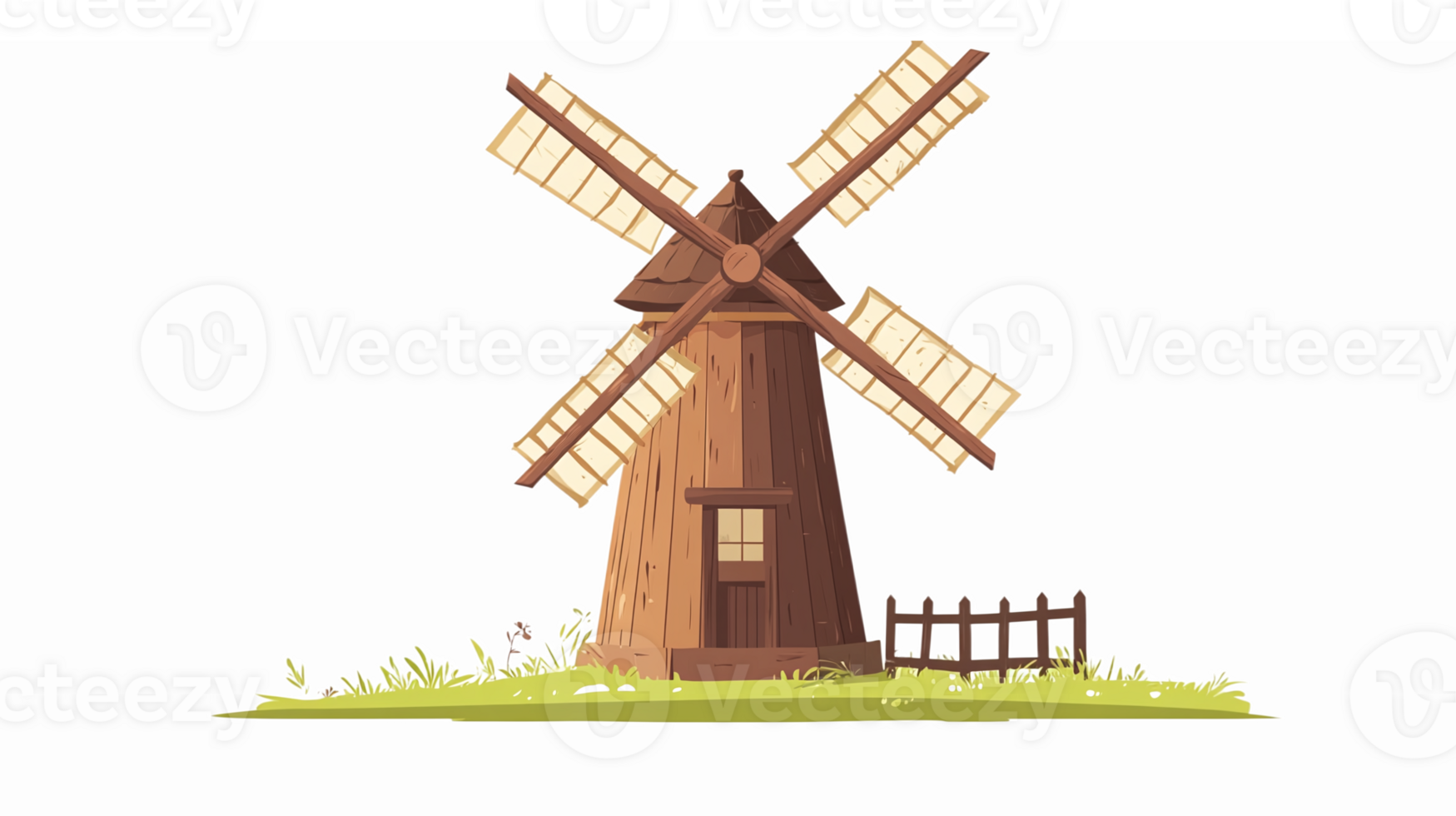 Rustic Wooden Windmill Surrounded by Green Grass and Fence in a Nature Landscape png