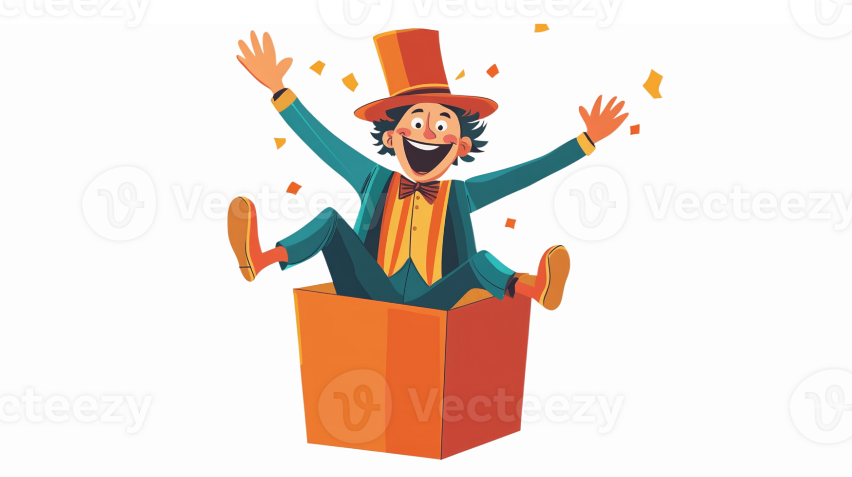 Excited Clown Emerging from Colorful Gift Box Cheering with Joyful Celebratory Confetti png