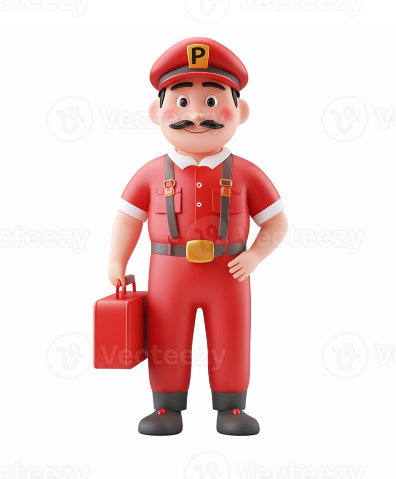 Friendly Cartoon Plumber Character in Red Uniform with Tool Case and Mustache png