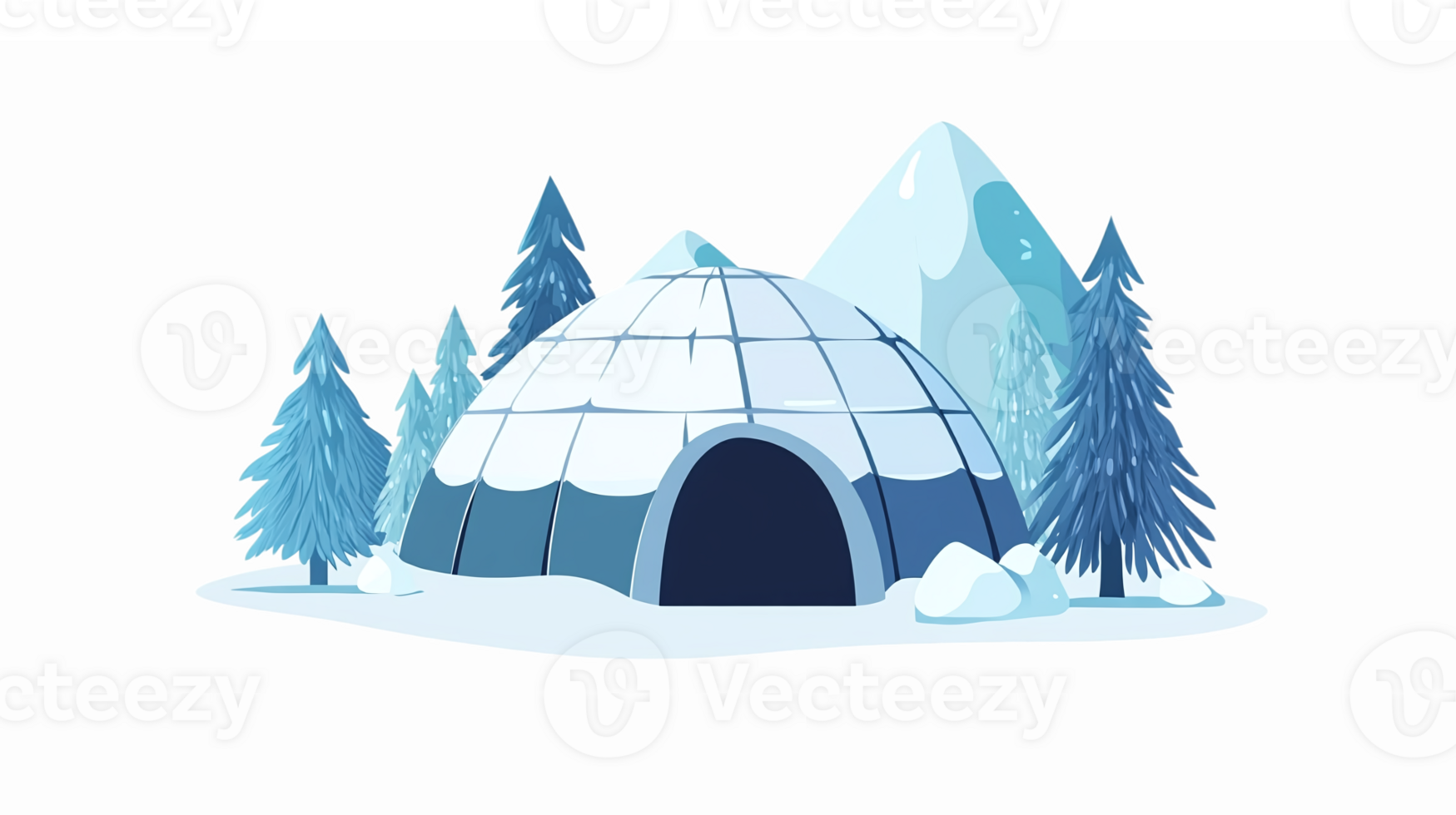 Charming Igloo Surrounded by Snowy Mountains and Pine Trees in Winter Landscape png