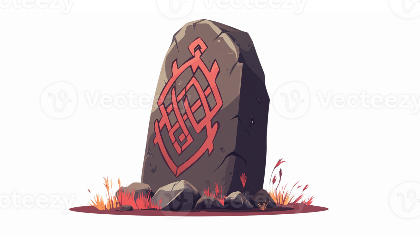 Ancient Stone Monument with Mystical Symbol Surrounded by Wild Grass on Transparent Background png