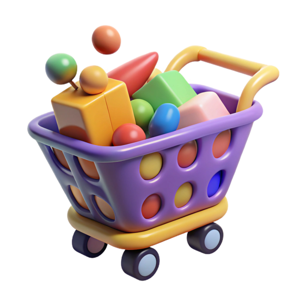 impressive modern A stylized shopping cart overflowing with colorful shapes, premium png