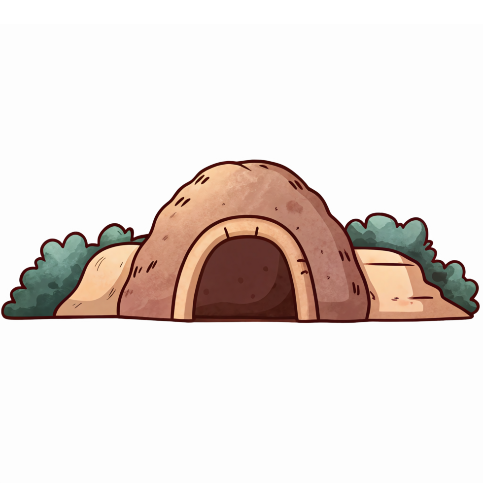 Cartoon Style Cave Entrance Surrounded by Lush Greenery for Adventure Themes and Illustrations png