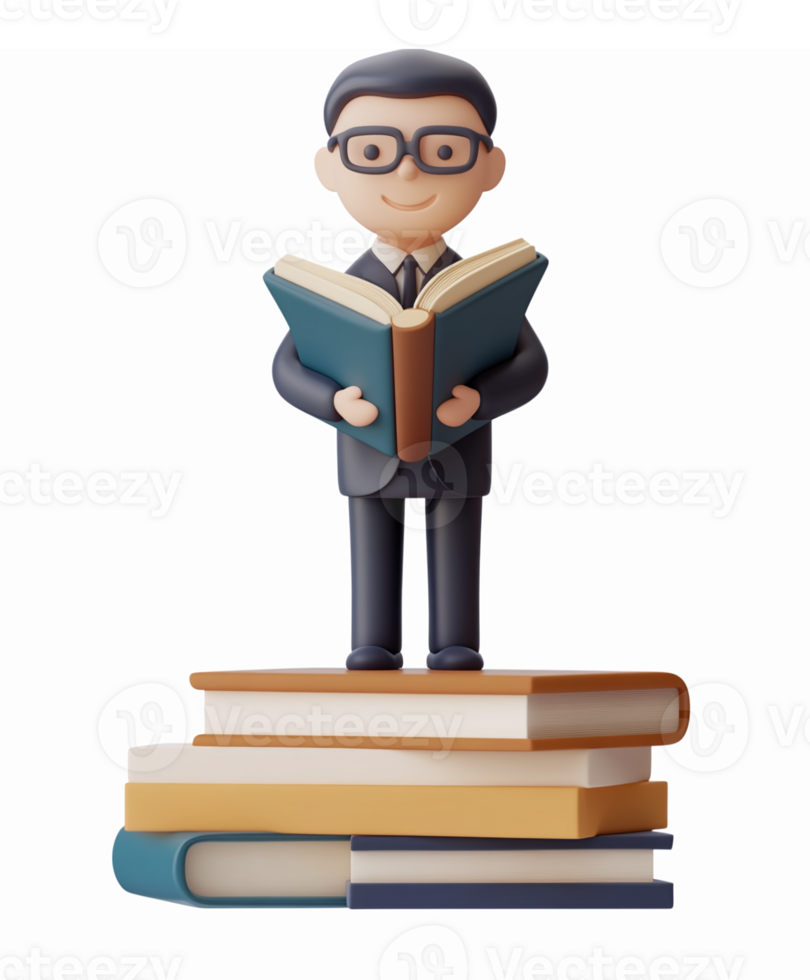 Businessman Reading Book on Stacked Colorful Books with Transparent Background png