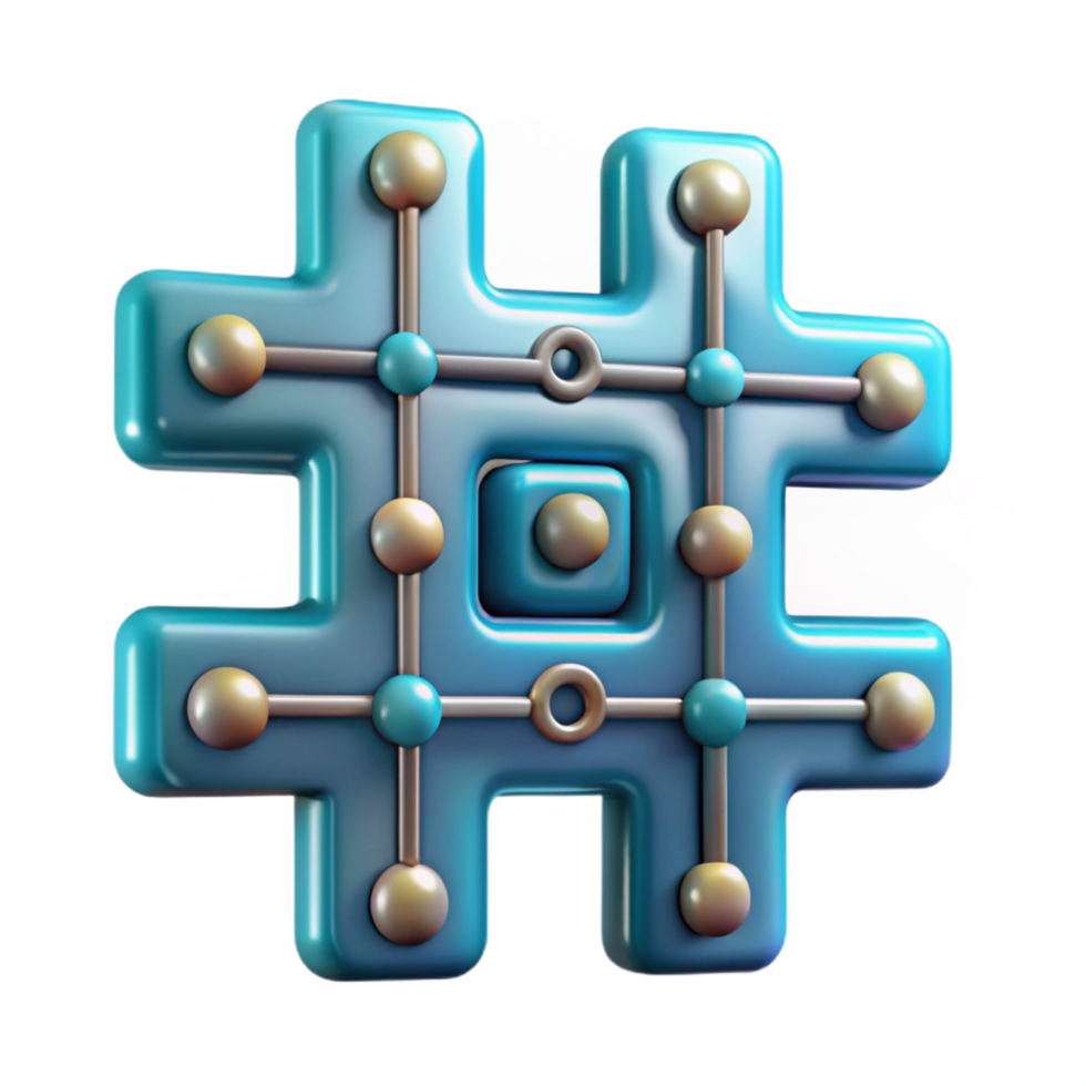 serene modern A stylized hashtag symbol made of interconnected circuit boards, detailed png