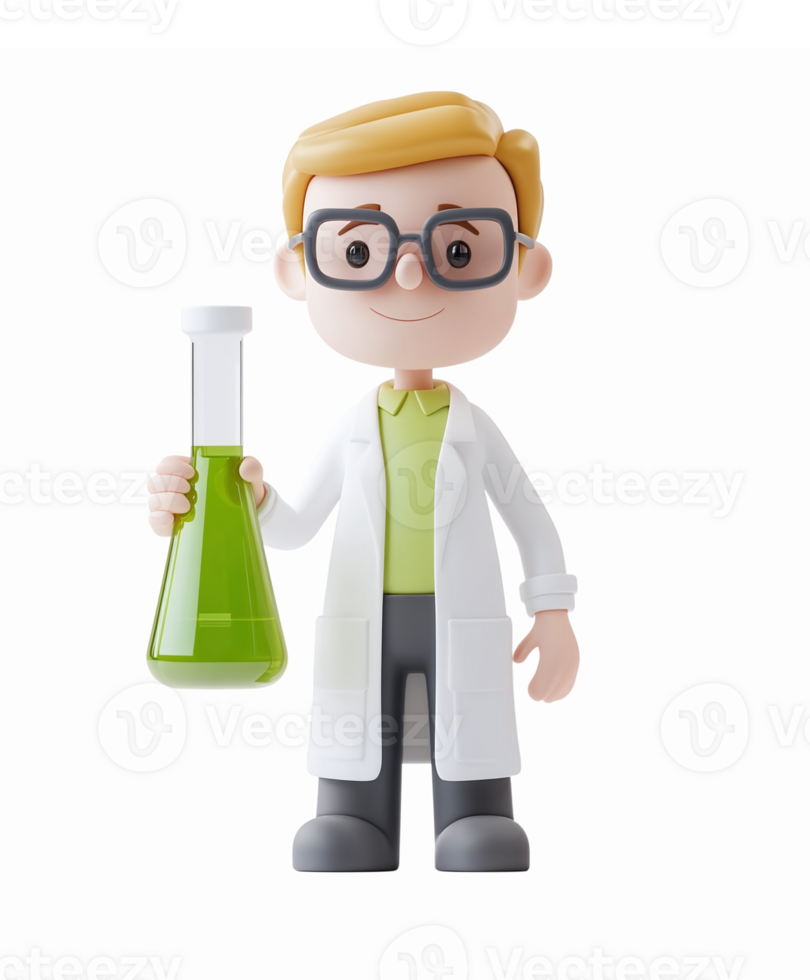 Cartoon Scientist Character Holding Green Flask in Lab Coat for Education and Science Themes png