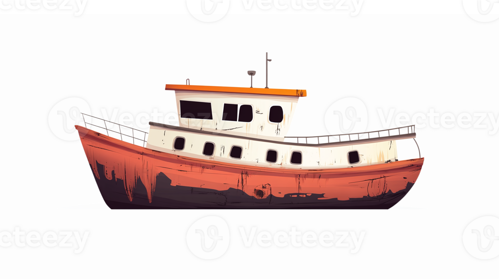 Vintage Fishing Boat Illustration with Rusty Orange and White Colors on Transparent Background png
