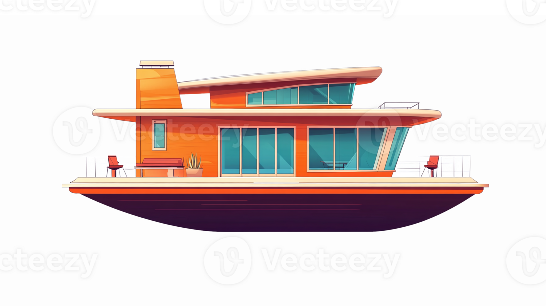 Modern Orange Floating House Concept with Large Windows and Stylish Outdoor Seating png