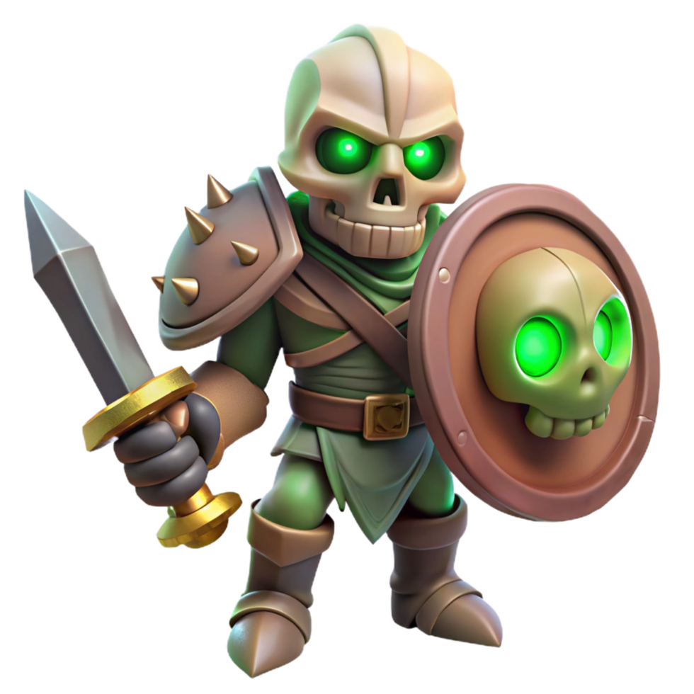 dramatic rustic A menacing skeleton warrior, sword and shield, glowing eyes 4K png