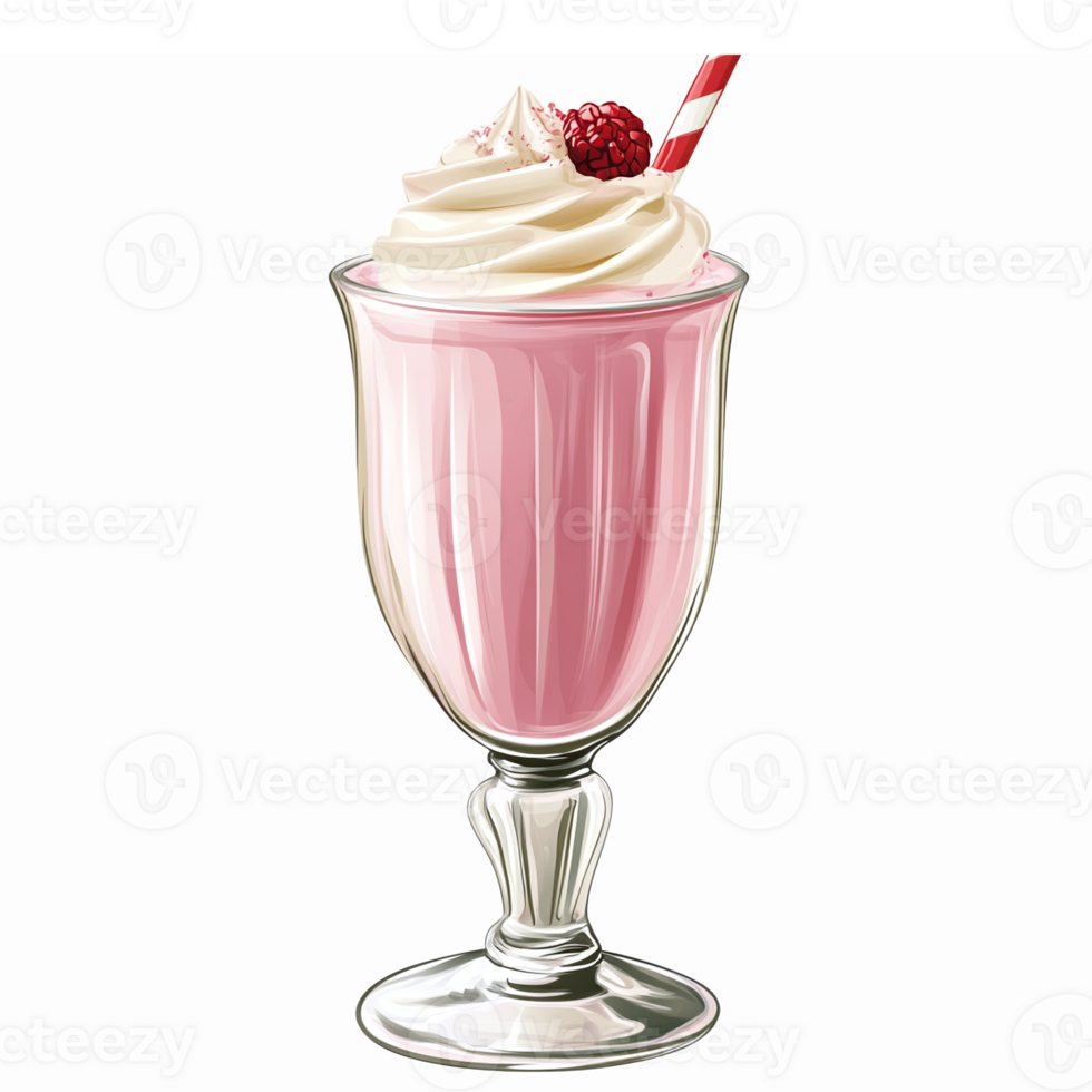 Delicious Strawberry Milkshake in Elegant Glass Topped with Whipped Cream and Cherry png