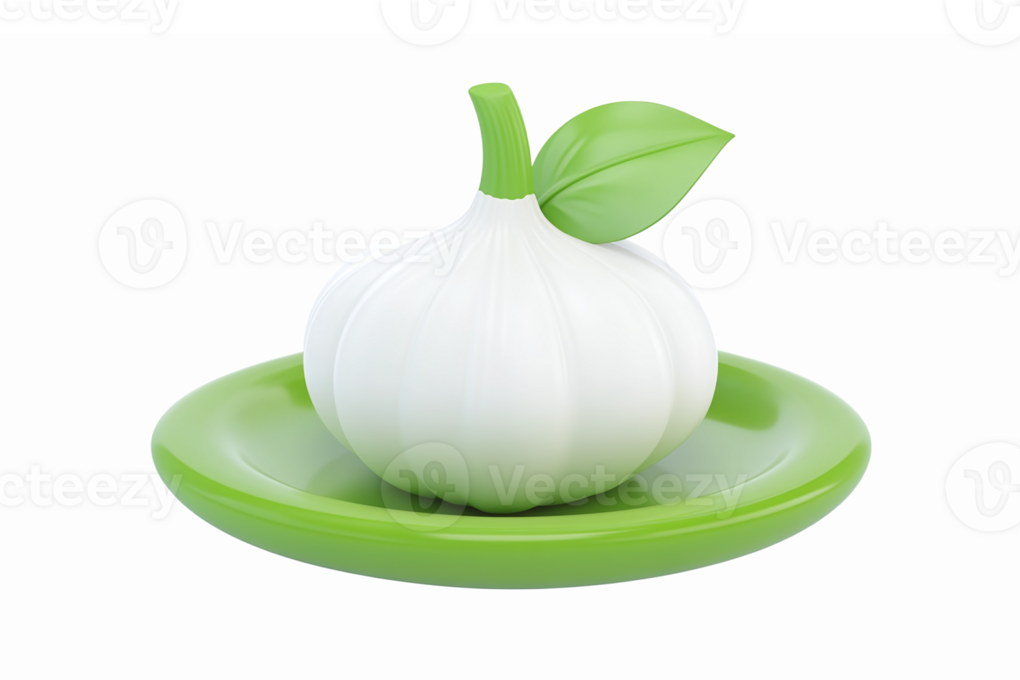 Realistic 3D Garlic Bulb with Green Leaf on Plate for Culinary and Food Related Designs png