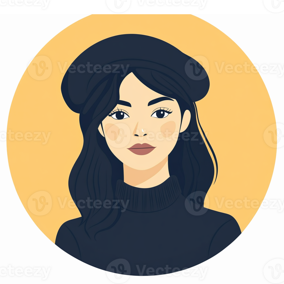 Stylish Female Portrait with Black Beret and Sweater on Yellow Background for Modern Design png
