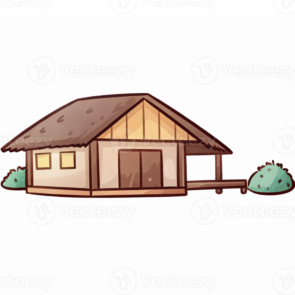 Cozy Wooden House with Thatched Roof Surrounded by Greenery in a Charming Landscape png