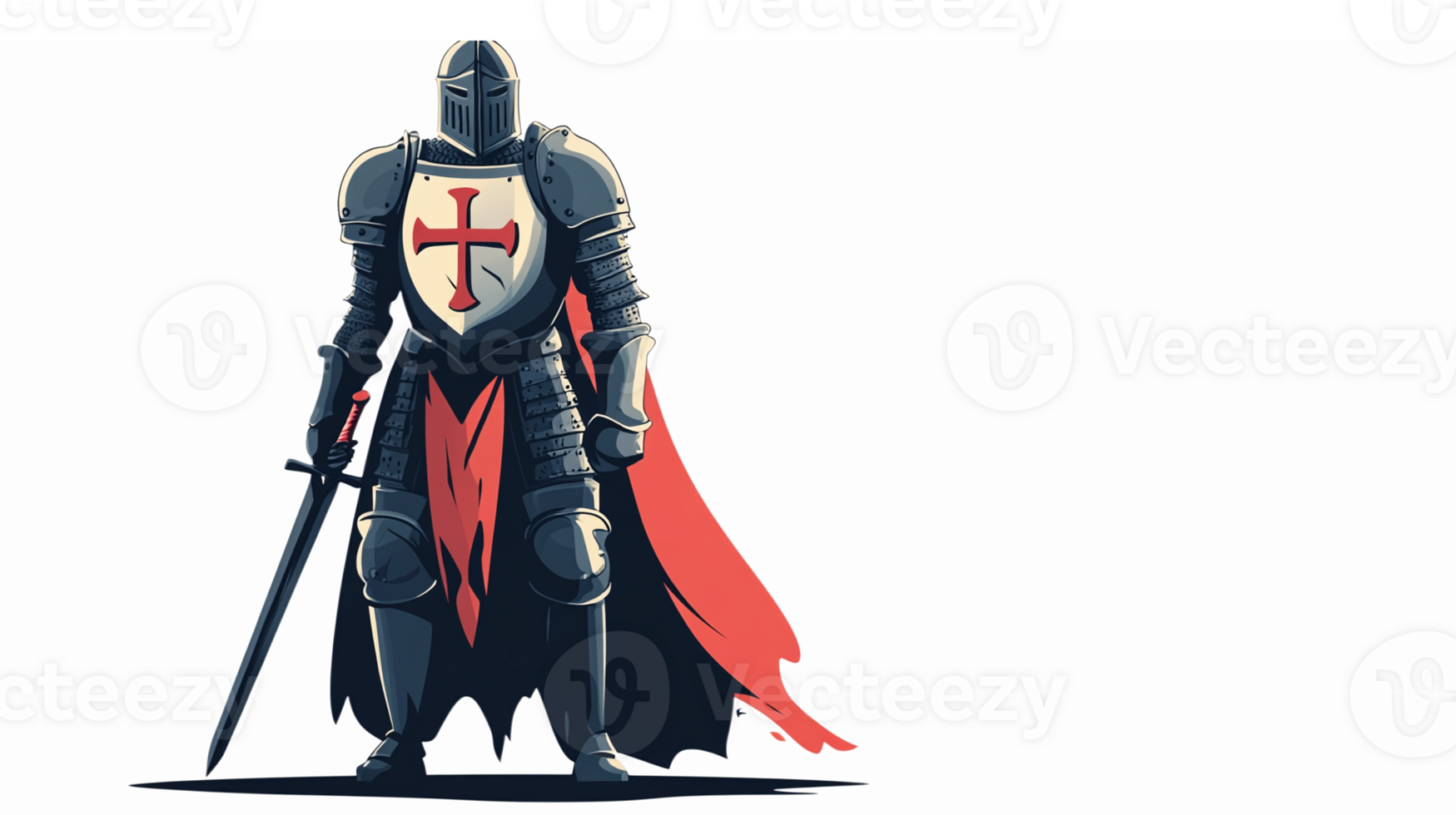Medieval Knight in Armor with Sword and Red Cape Standing Boldly with Shield png