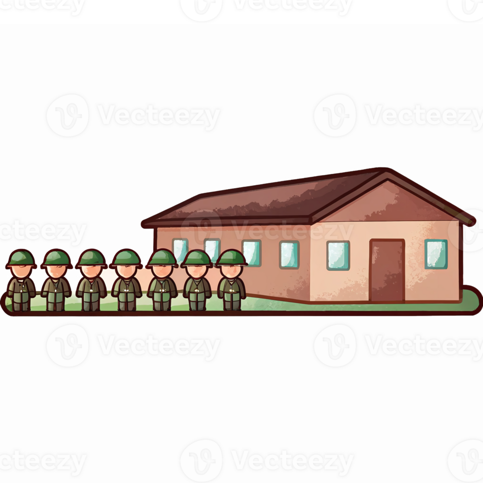 Soldiers in Uniform Standing in Line Beside a Military Barracks Building with a Green Lawn png