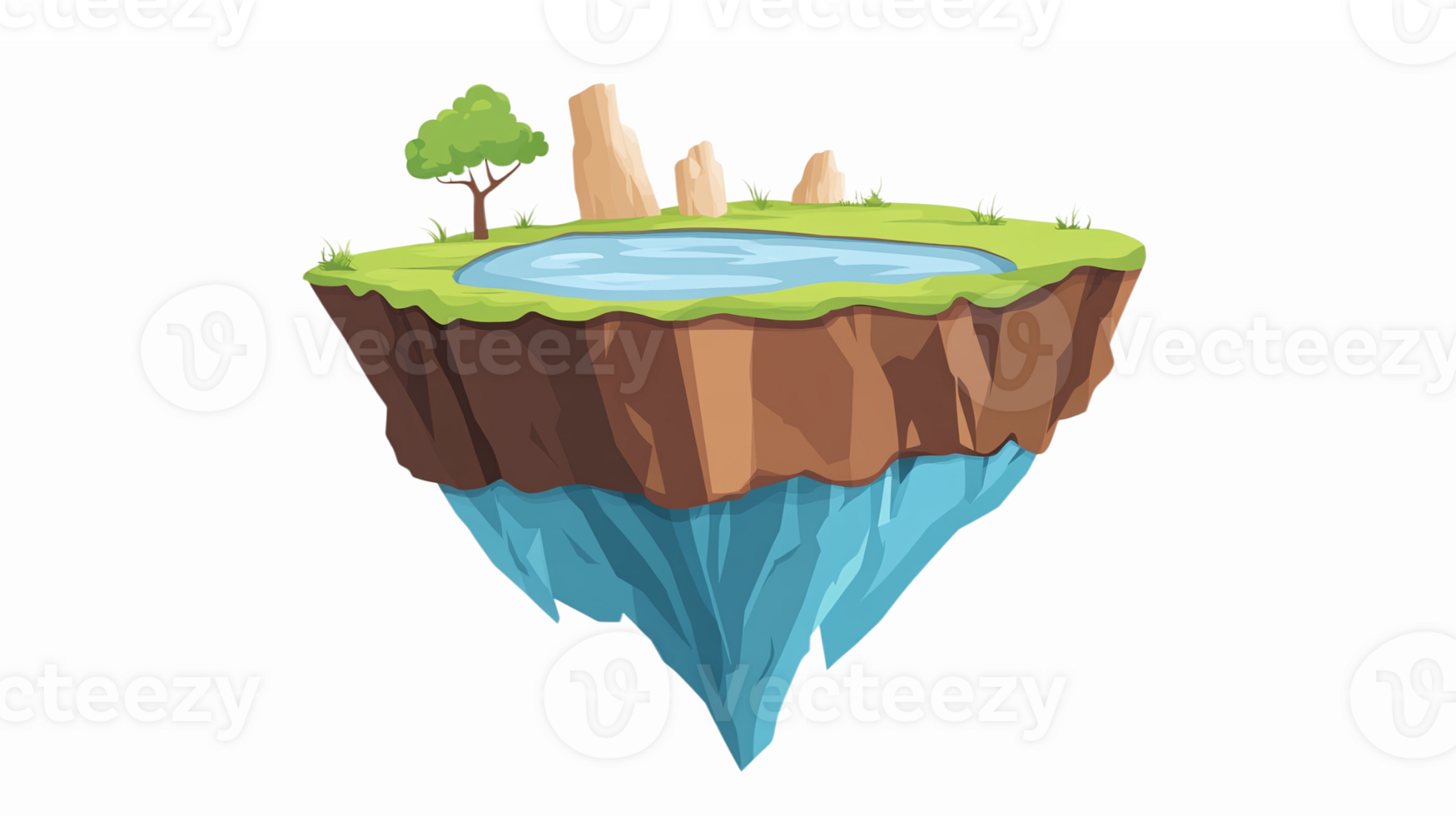 Floating Island with Water and Trees in a Fantasy Landscape Illustration png