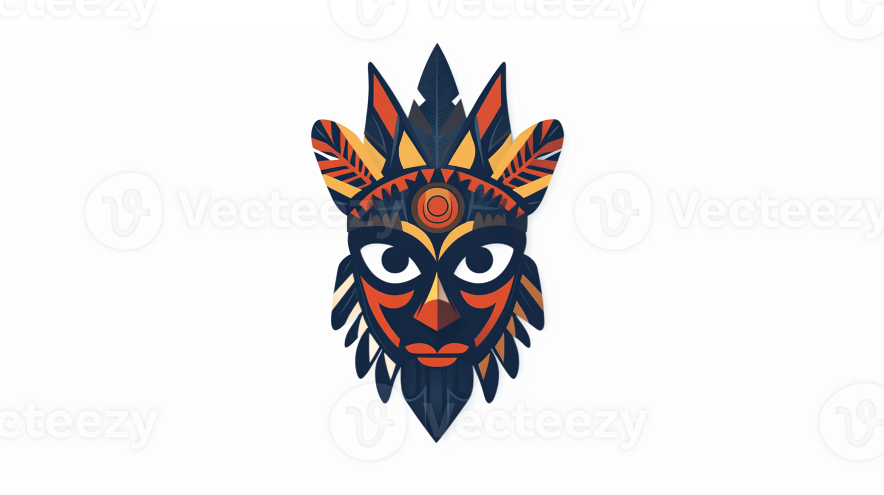 Vibrant Tribal Mask with Feathers and Geometric Patterns for Cultural Art and Design Projects png