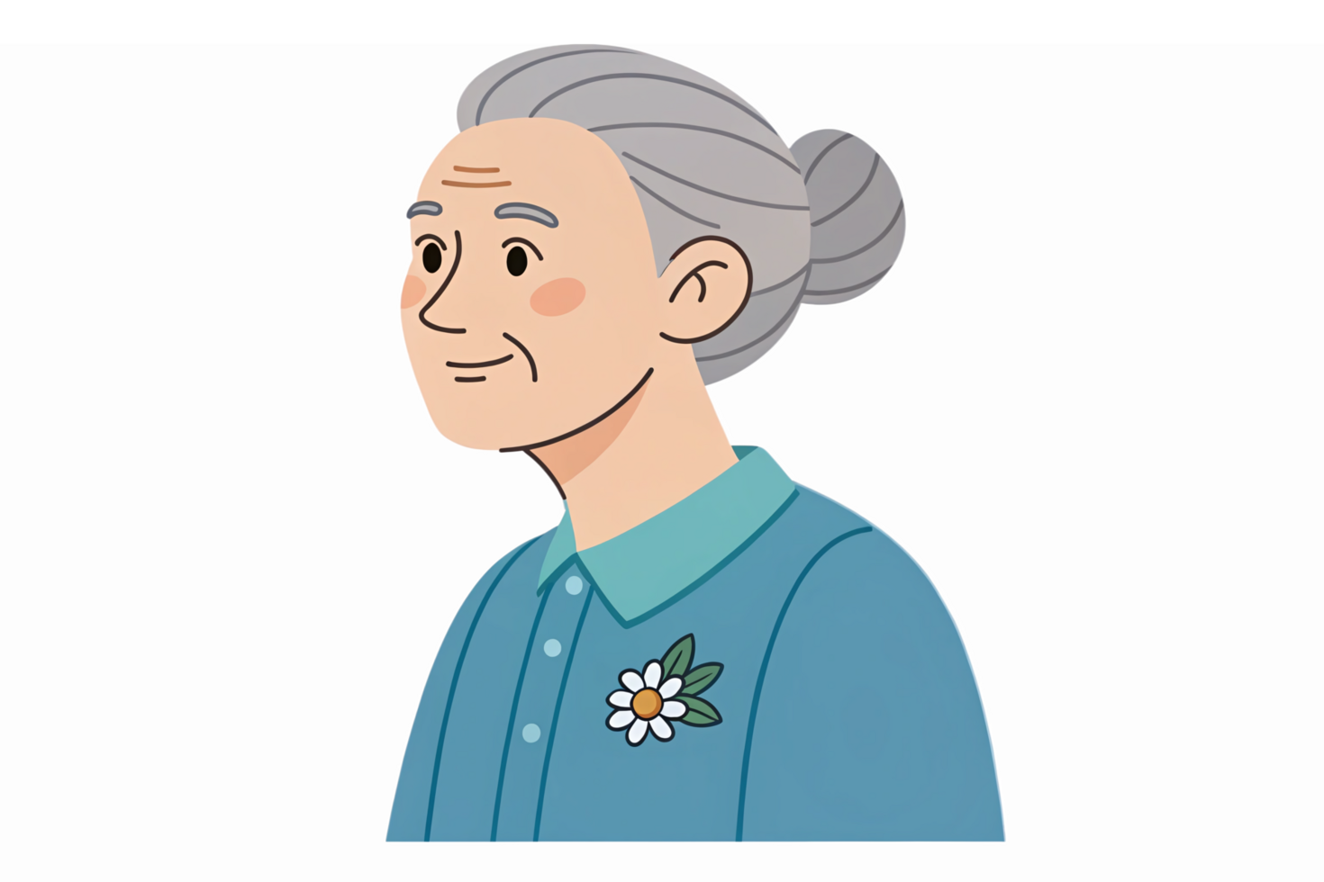 Smiling Elderly Woman with Gray Hair and Floral Brooch in Blue Blouse Portrait Illustration png
