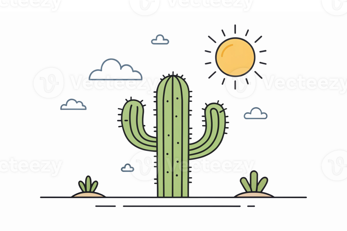 Stylized Cactus in Desert Landscape with Sun and Clouds Ideal for Nature and Outdoor Designs png