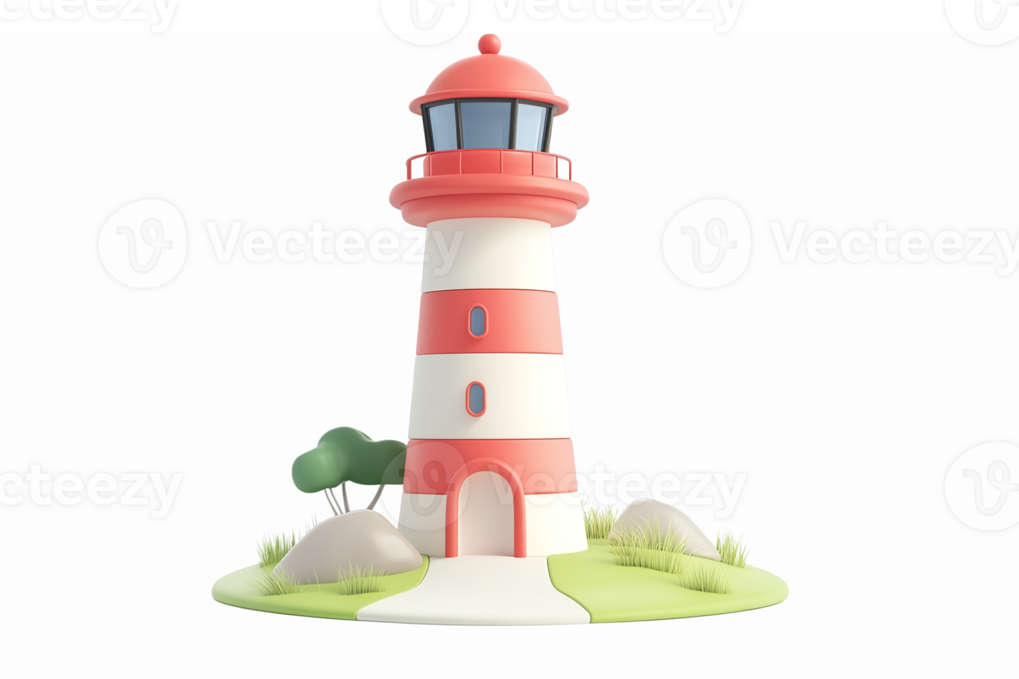 Colorful Cartoon Lighthouse on Green Island with Rocks and Plants in 3D png