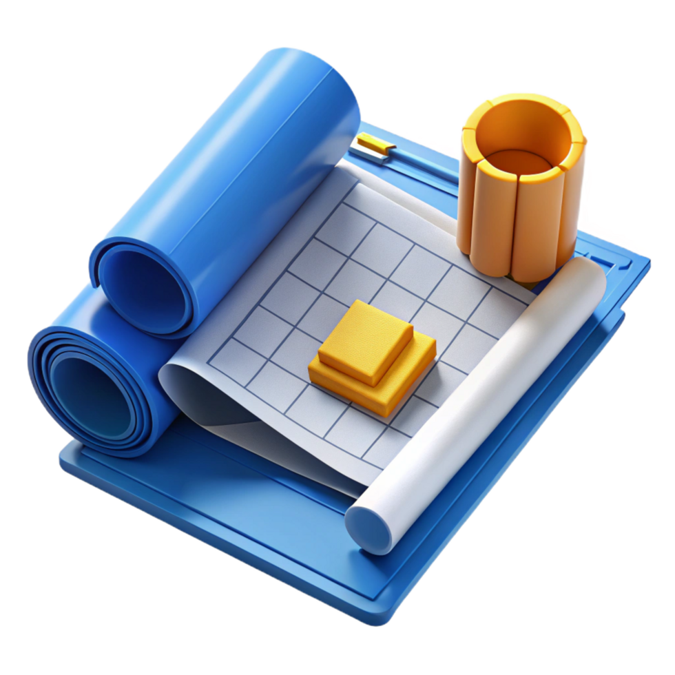 serene artistic Blueprints, architectural drawings, rolled up high quality png