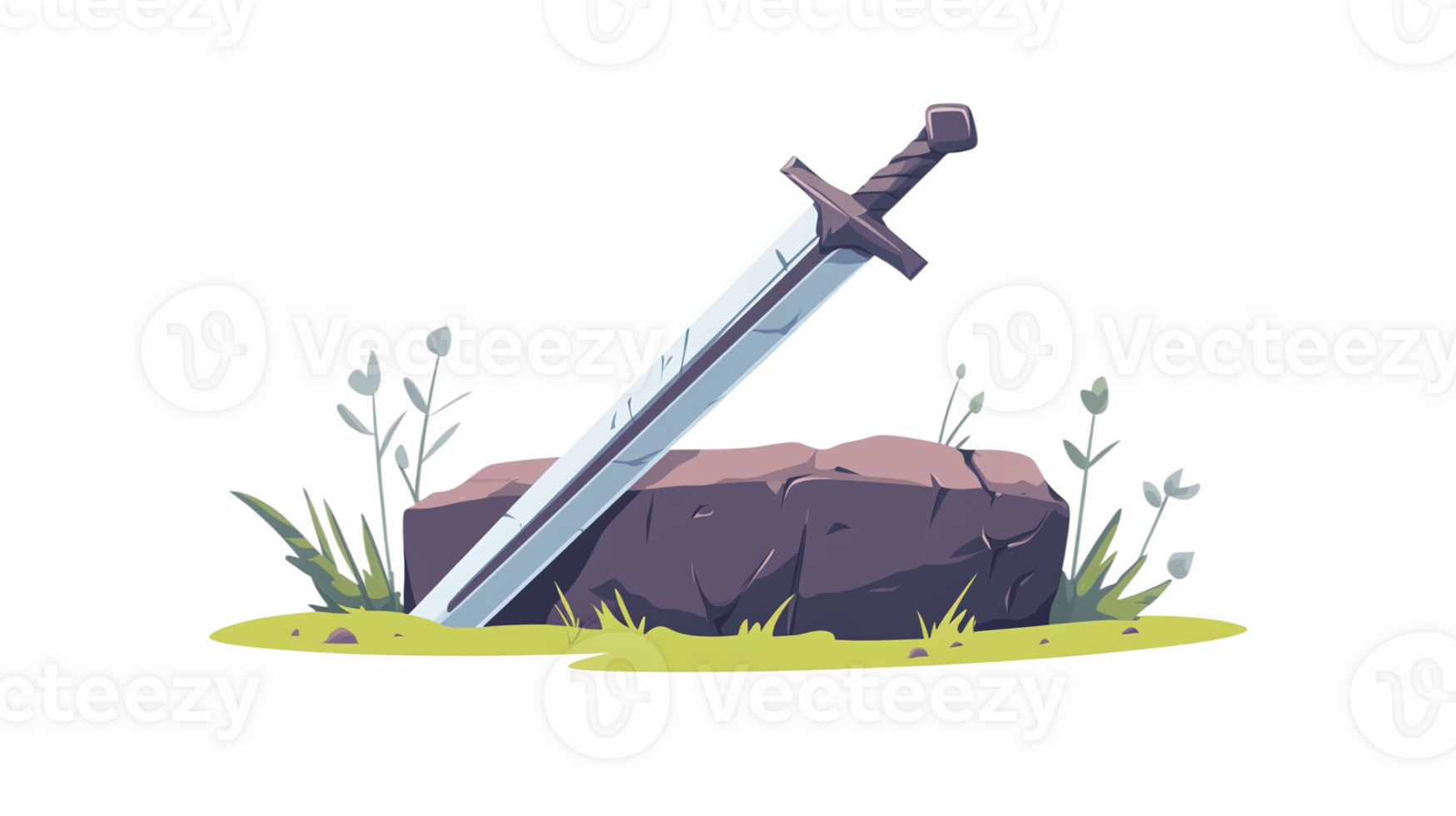 Fantasy Sword Embedded in Stone Surrounded by Grass and Flowers with Transparent Background png