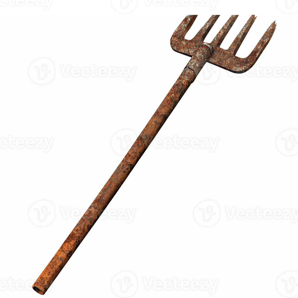 Rusty Three Pronged Garden Fork on Transparent Background for Farm and Gardening Use png