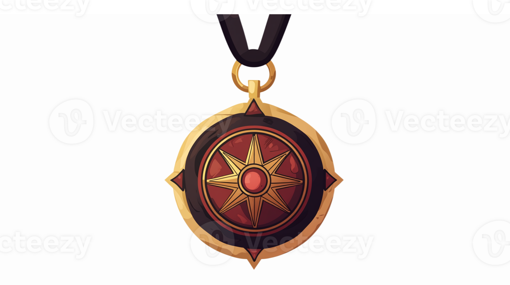 Golden Star Medal with Red Center and Black Ribbon for Achievement Recognition and Awards png
