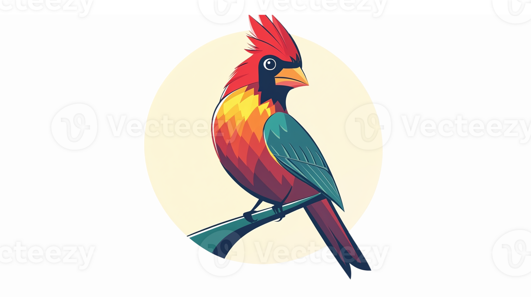 Colorful Stylized Cardinal Bird Perched on a Branch with Geometric Feather Design and Soft Background png