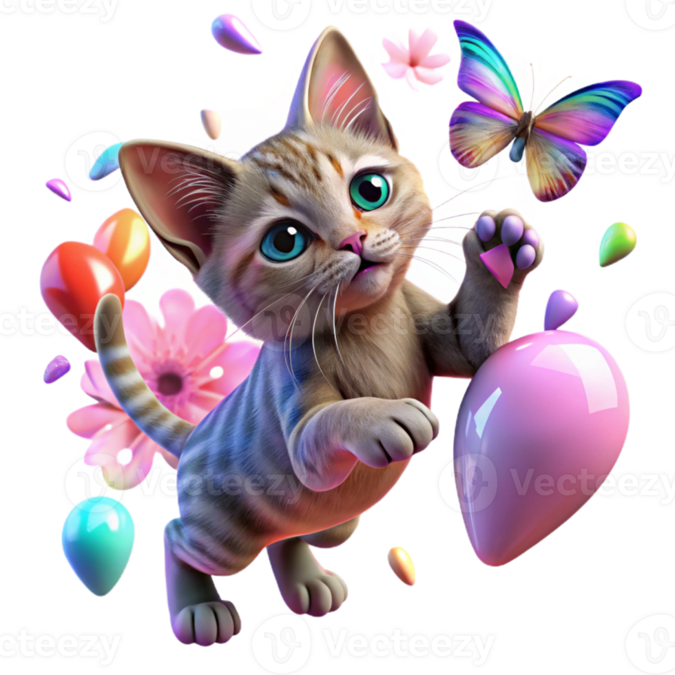 extraordinary artistic Playful Kitten Chasing Butterfly Transparent Background high quality png