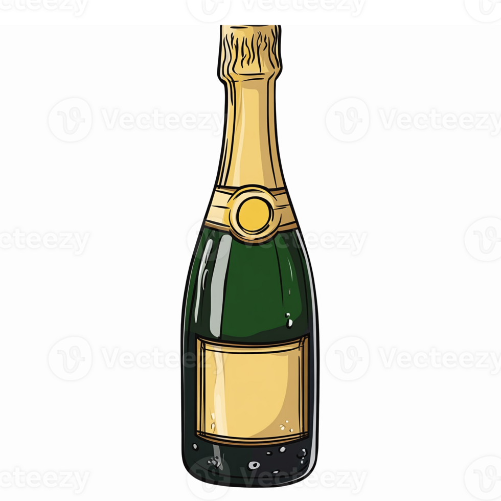 Elegant Sparkling Champagne Bottle Illustration with Green Label for Celebration Themes png