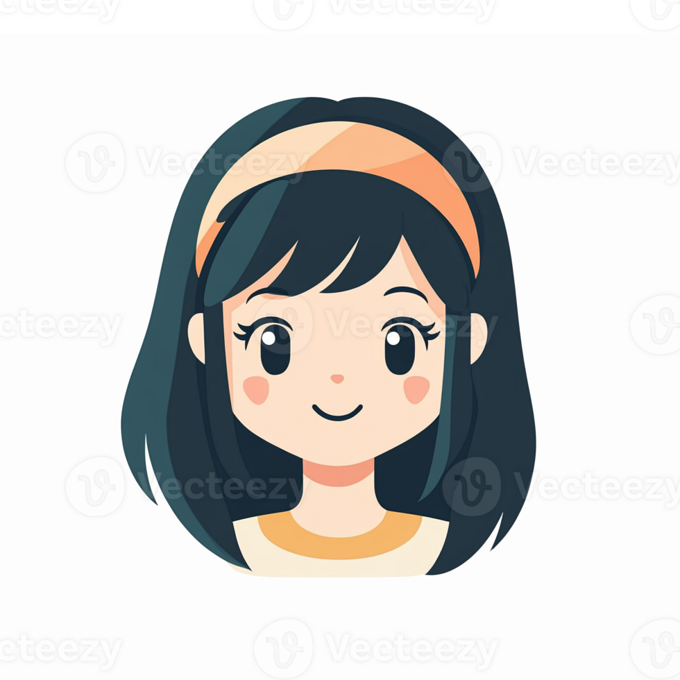 Cute Cartoon Girl Character with Black Hair and Orange Headband Smiling png