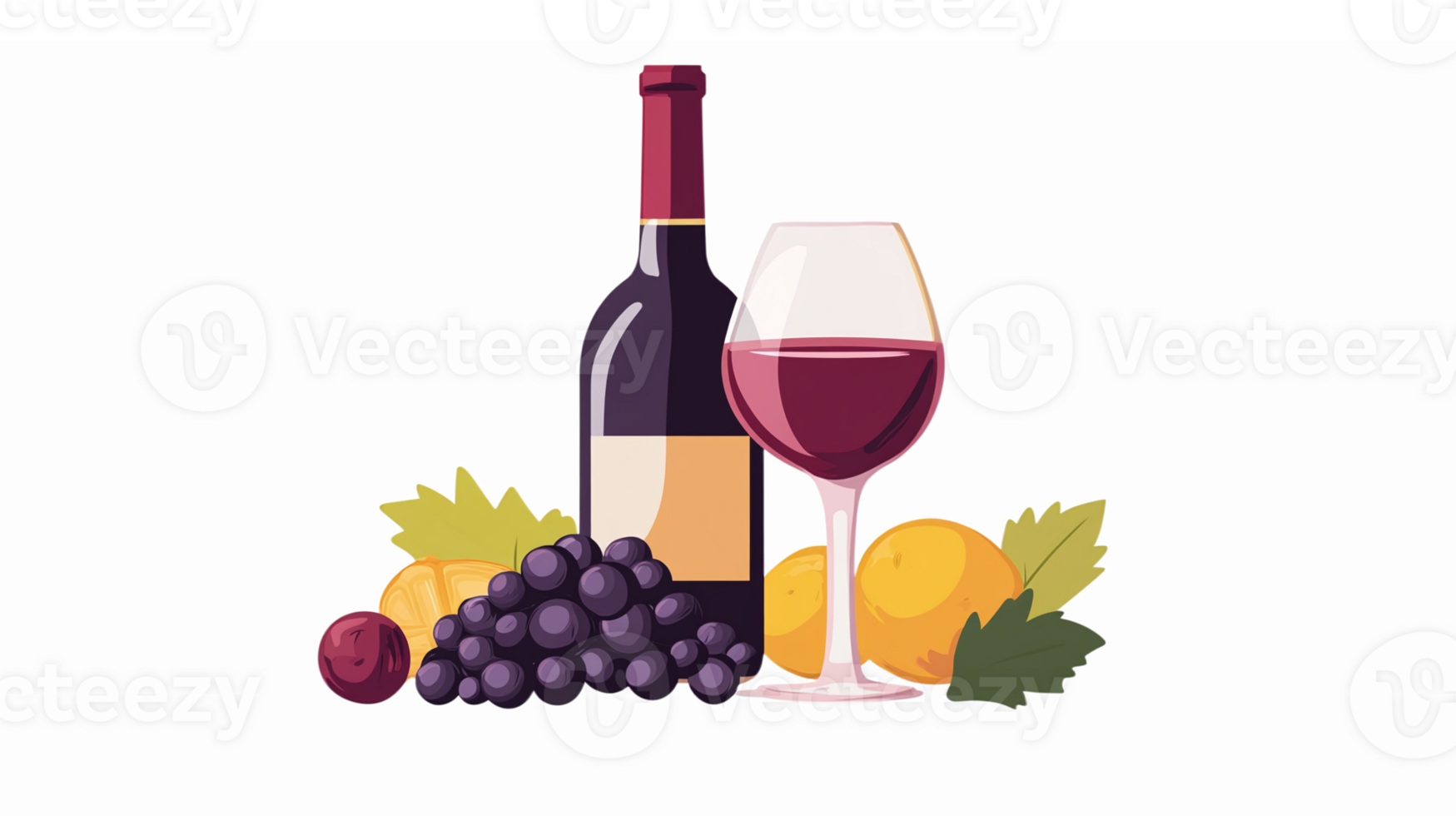 Wine Bottle Glass Grapes and Citrus Fruits on Transparent Background png